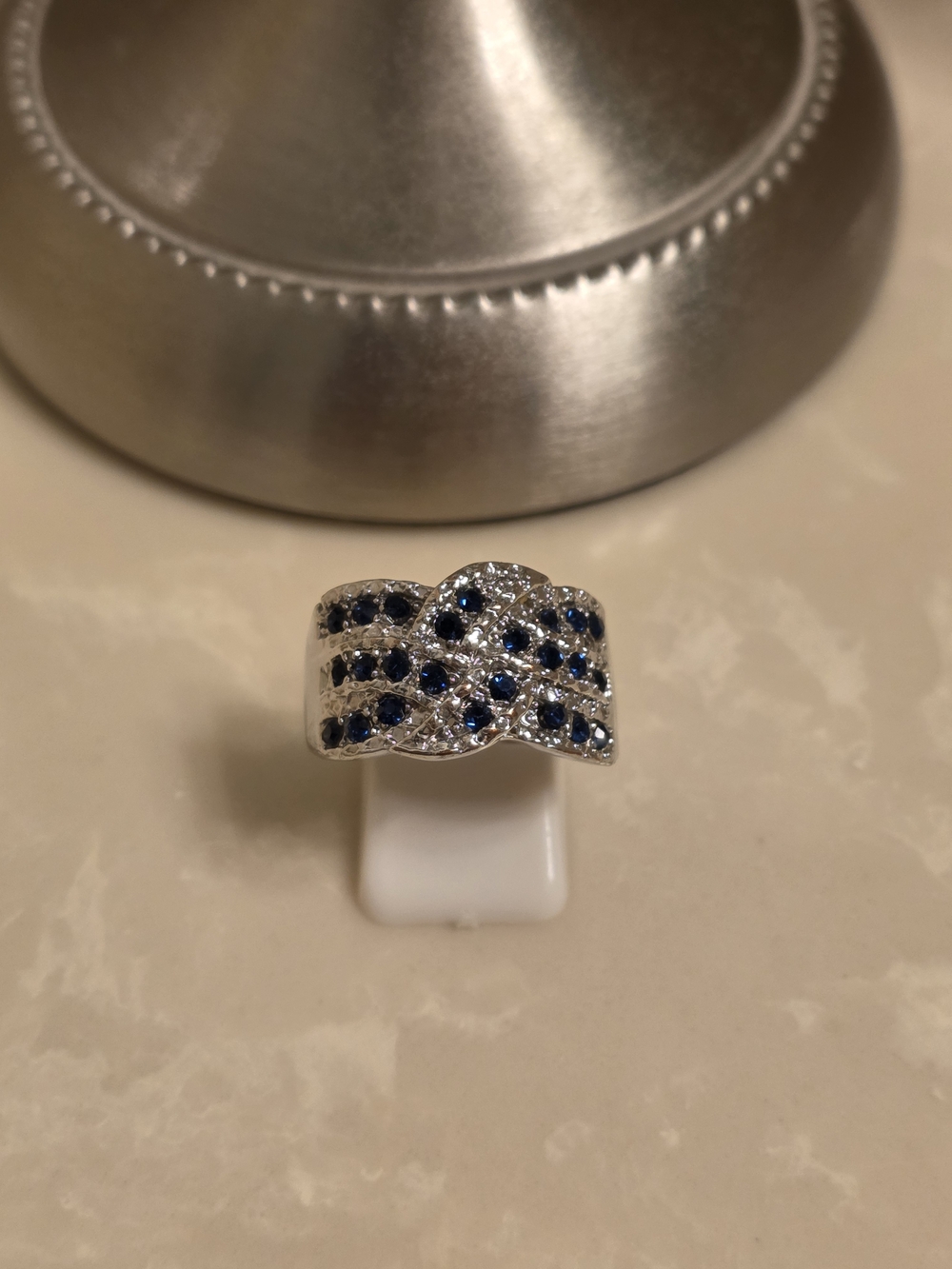 Silver CZ and Blue Sapphire Statement Ring Size 10.5